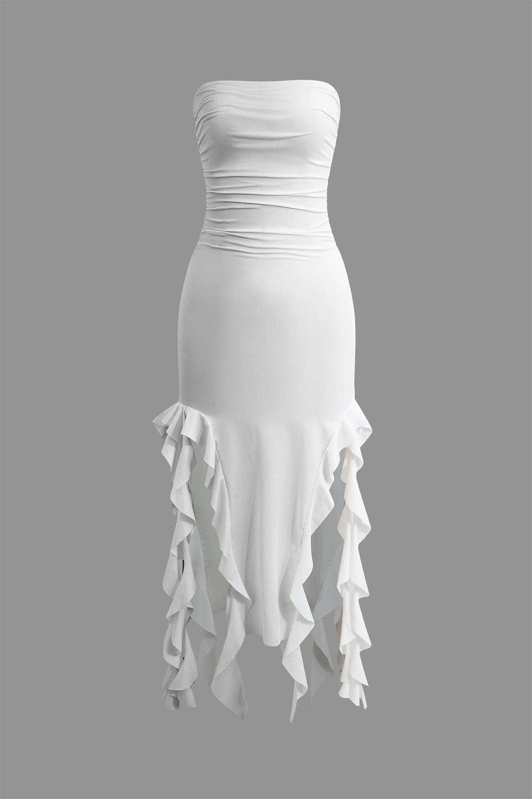 Moon 45 WHITE / S Solid Ruffle Hem Ruched Tube Maxi Dress