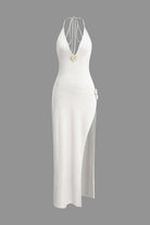 Moon 45 WHITE / XS 3D Floral V-Neck Backless Slit Maxi Dress