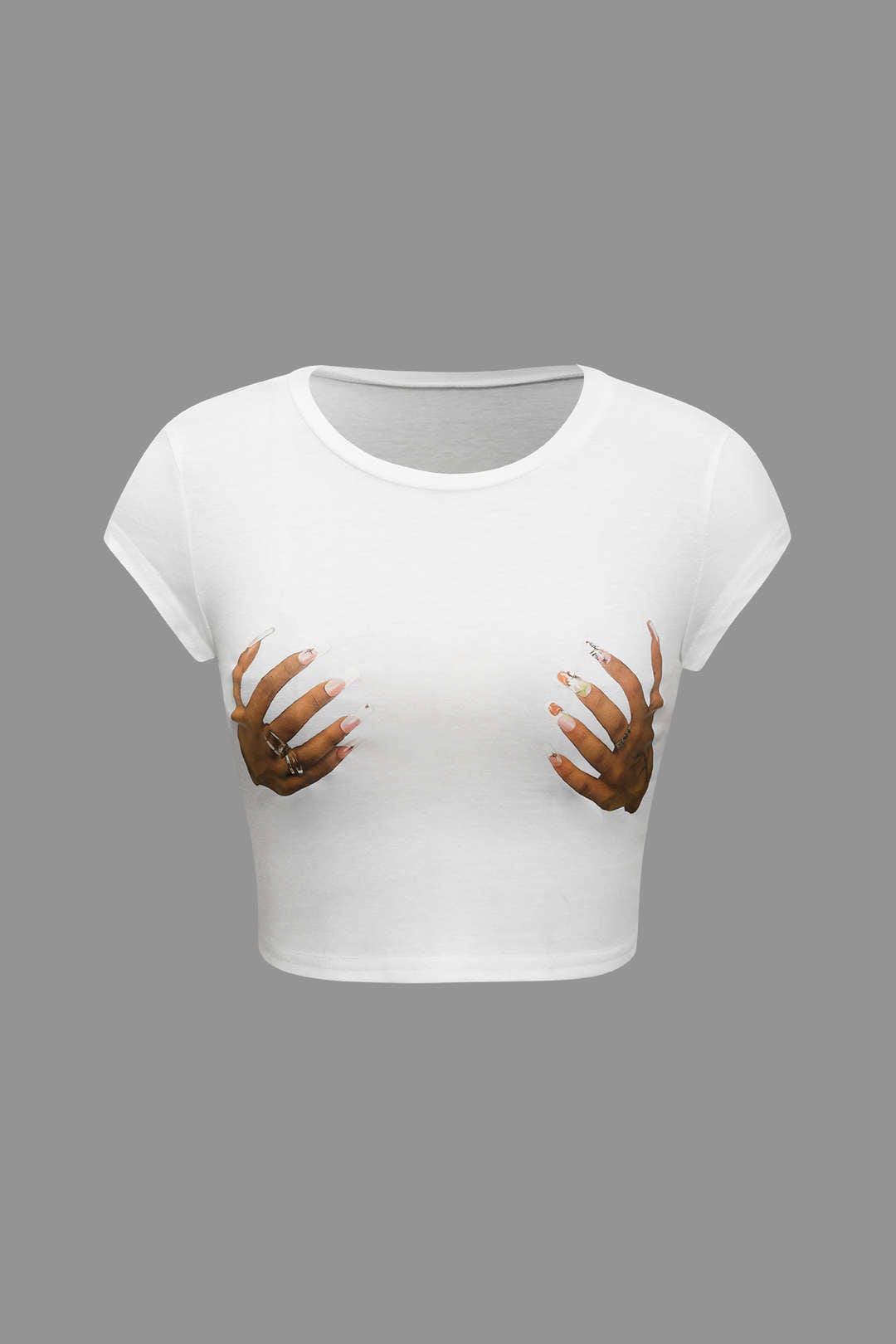 Moon 45 WHITE / XS Hands Print Round Neck Crop T-shirt