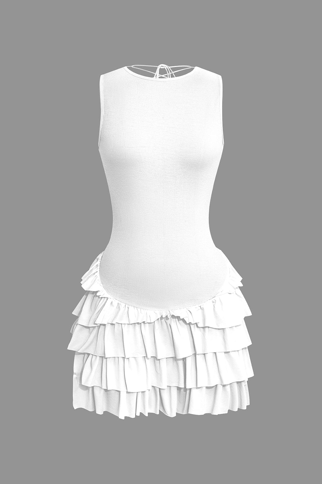 Moon 45 WHITE / XS Lace Up Back Sleeveless Ruffle Hem Mini Dress