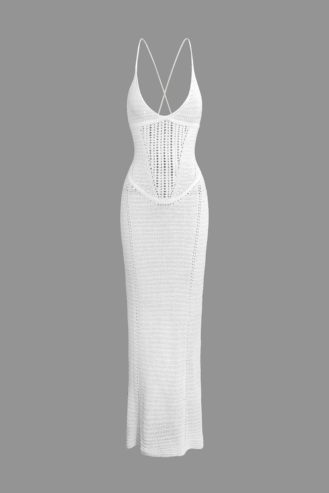 Moon 45 WHITE / XS Lace Up Backless V-Neck Hollow Out Knit Dress