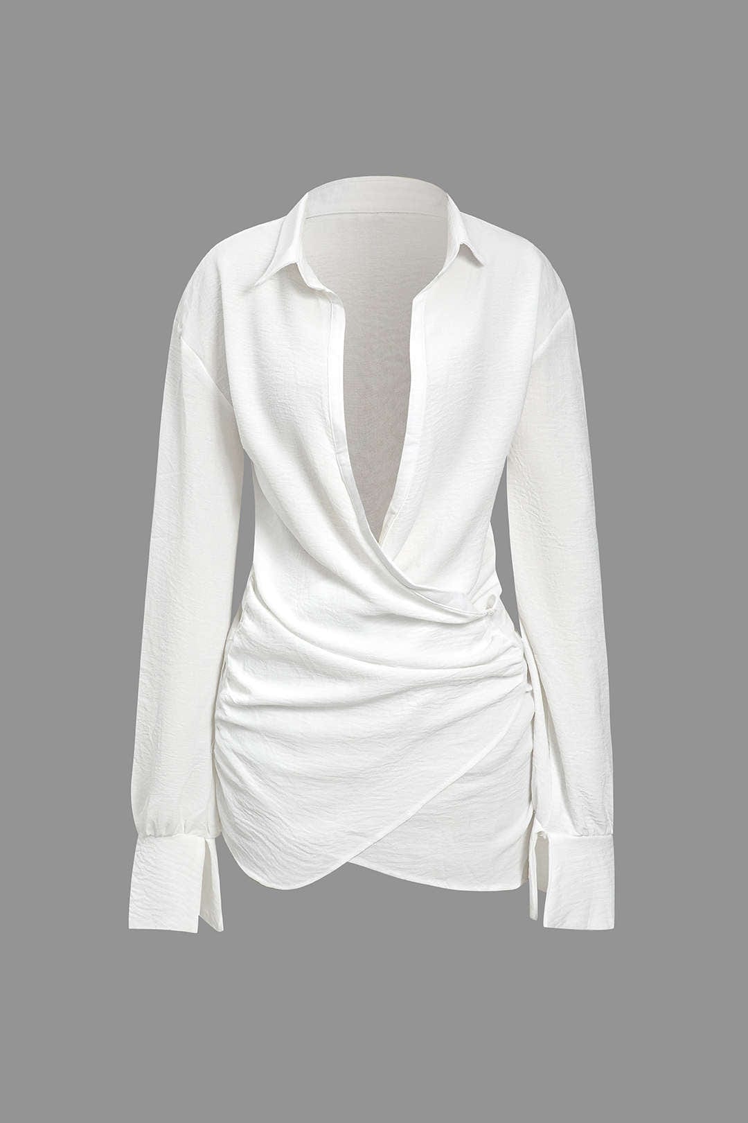 Moon 45 WHITE / XS Solid Long Sleeve Deep V Mini Dress