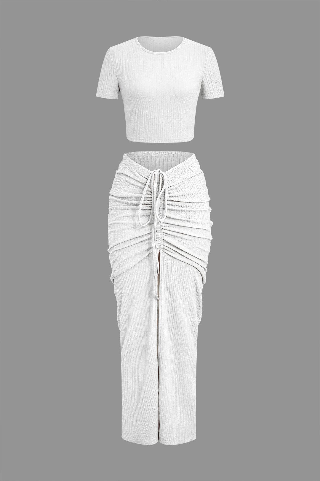 Moon 45 WHITE / XS Textured Crop Top & Ruched Skirt Set