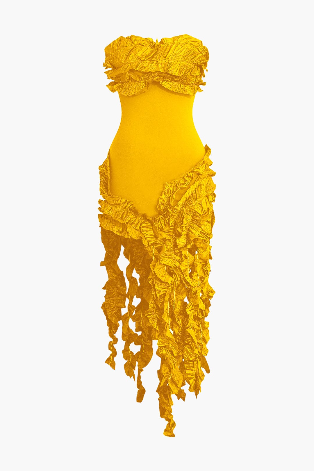 Moon 45 YELLOW / S Ruffled Fringe Strapless Midi Dress